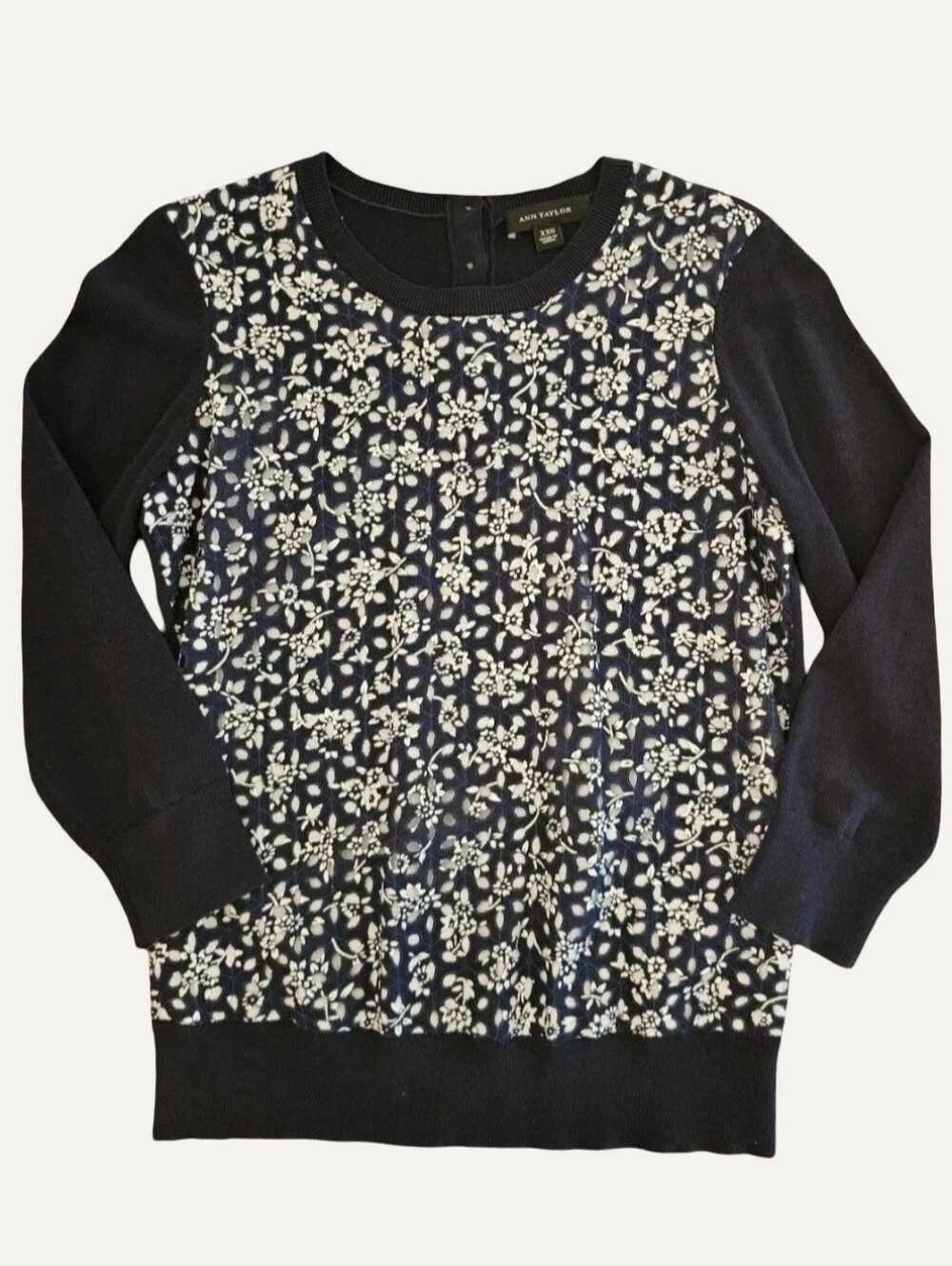 Ann Taylor Navy Blue & White Floral Mixed Media Pullover Sweater XXS